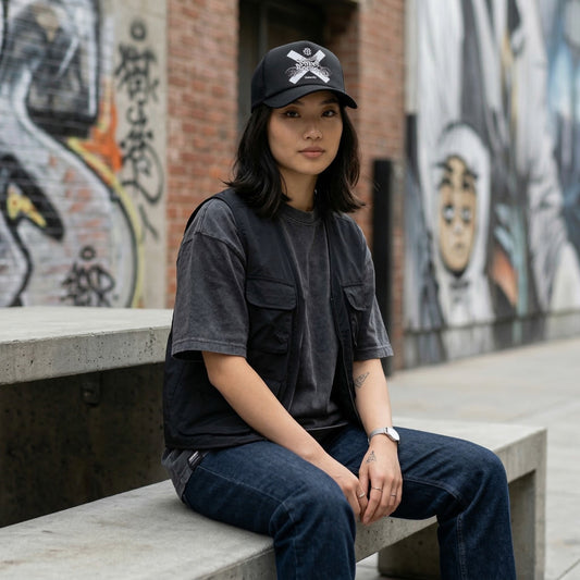 Black Street Racing Trucker Cap with Graphic Print