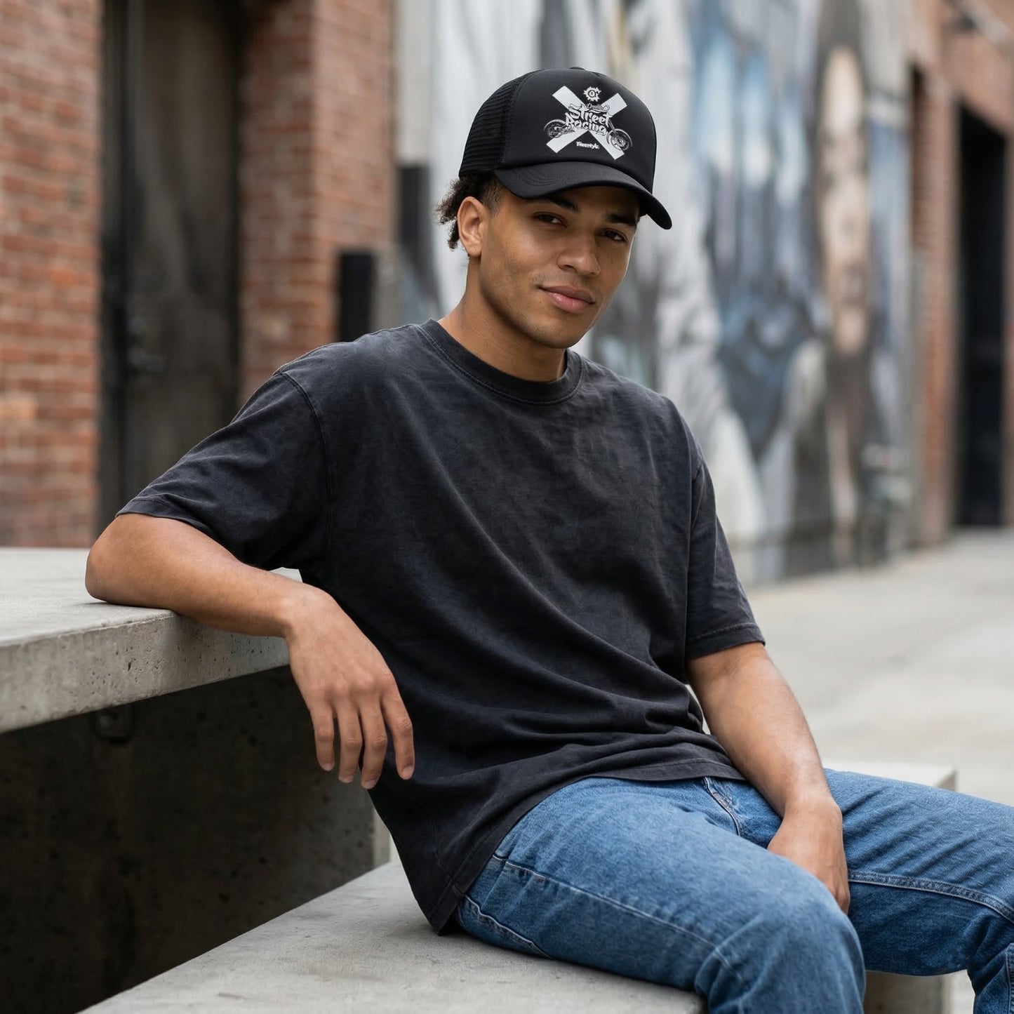 Black Street Racing Trucker Cap with Graphic Print