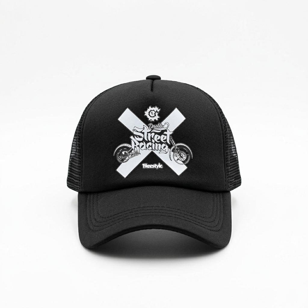 Black Street Racing Trucker Cap with Graphic Print